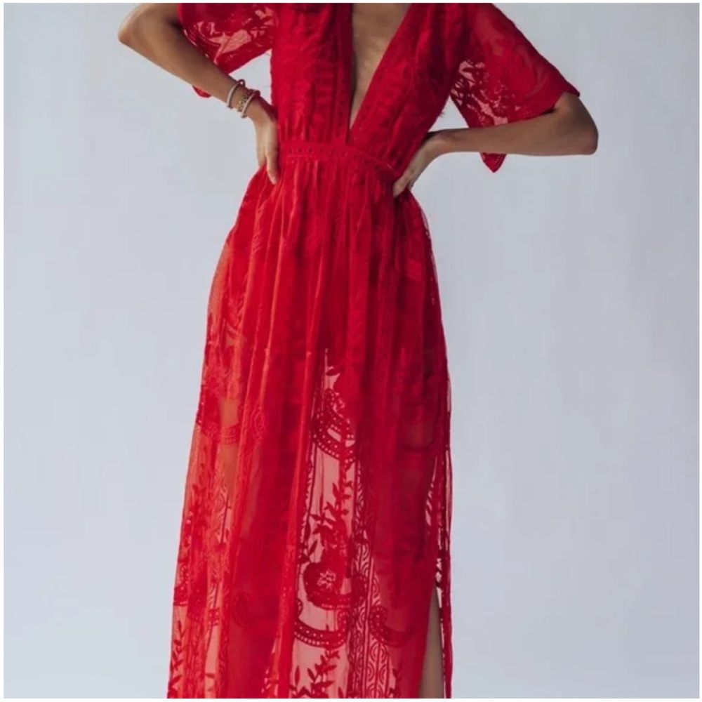 Semi sheer lace v neck maxi dress. - Picture 3 of 15